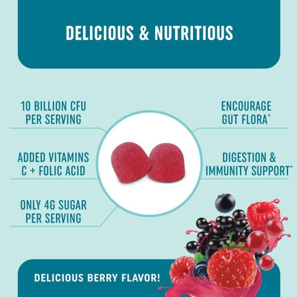 Probiotic Gummies with Vitamin C and Folic Acid | 5 Billion CFU Probiotics | Gut Health, Digestion, & Immune System Support | Gluten-Free, Non-GMO, Berry Flavor | With Organic Fruit Extracts | 60 ct.