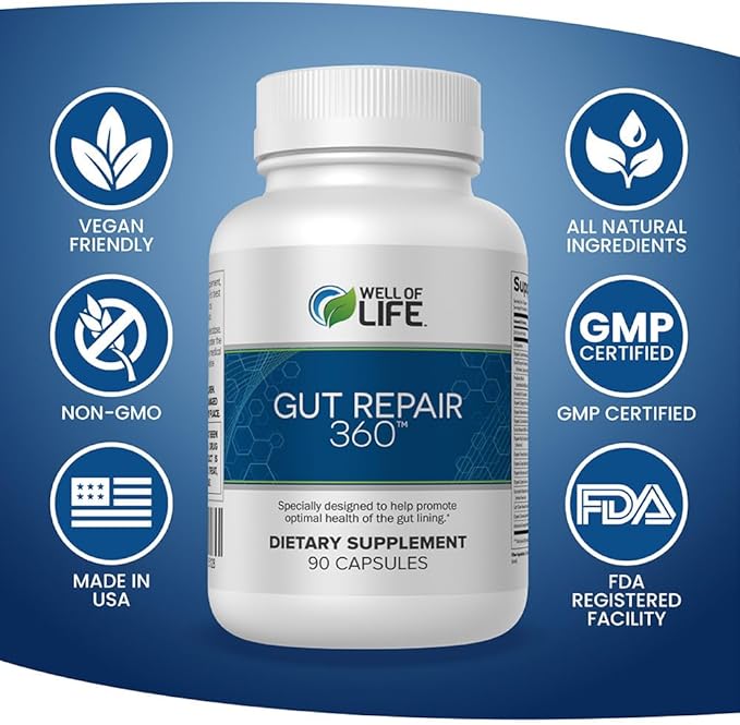 Gut Repair 360: Natural Formulated Formula Emerged from The Lab - Pure Essence Organic Capsules Non-GMO Gluten-Free Soy-Free Dairy-Free USA Made - Supporting Your Healthy Gut