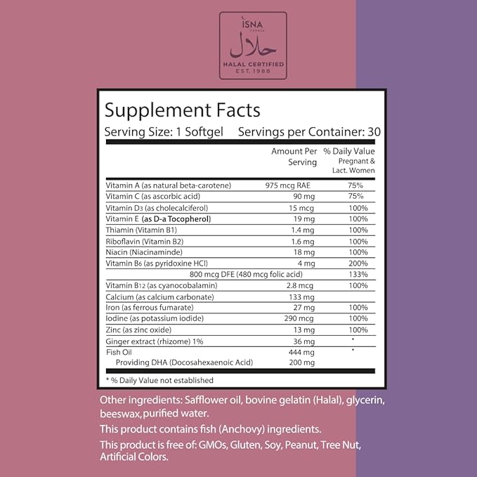 Noor Vitamins Halal Prenatal Vitamins with DHA and Folic Acid, Essential Vitamins, Ginger to Soothe Mom's Stomach, Iron, Softgels, Prenatal Vitamin Before/During/Post Pregnancy (1 Month Supply)