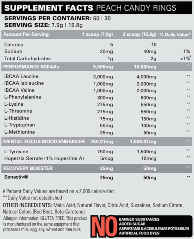 EHP Labs Beyond BCAA Powder Amino Acids Post Workout Recovery - BCAAs Essential Amino Acids EAA Supplements Powder - 10g Amino Acids Supplement for Muscle Recovery - 60 Servings (Peach Candy Rings)
