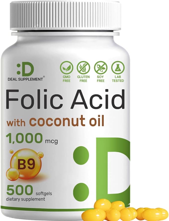 DEAL SUPPLEMENT Folic Acid 1000 mcg (1 mg), 500 Coconut Oil Softgels | Bioavailable Prenatal Vitamins (Vitamin B9) – 1,667 mcg DFE – Easy to Swallow, Non-GMO, & No Gluten
