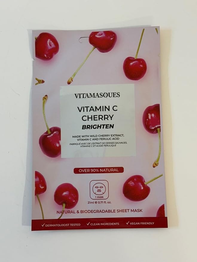 Vitamasques Vitamin C Cherry Face Sheet Mask 7 Pack - Brightens, Protects & Boosts Hydration with Antioxidants, Vitamin C and Ferulic Acid - Natural - Vegan, Free from Parabens & Gluten