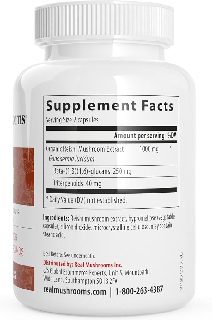 Real Mushrooms Reishi Capsules - Organic Mushroom Extract Supplement with Potent Red Reishi Mushroom for Longevity, Mood, Sleep, & Immune Support - Vegan Mushroom Supplement, Non-GMO, 200 Caps