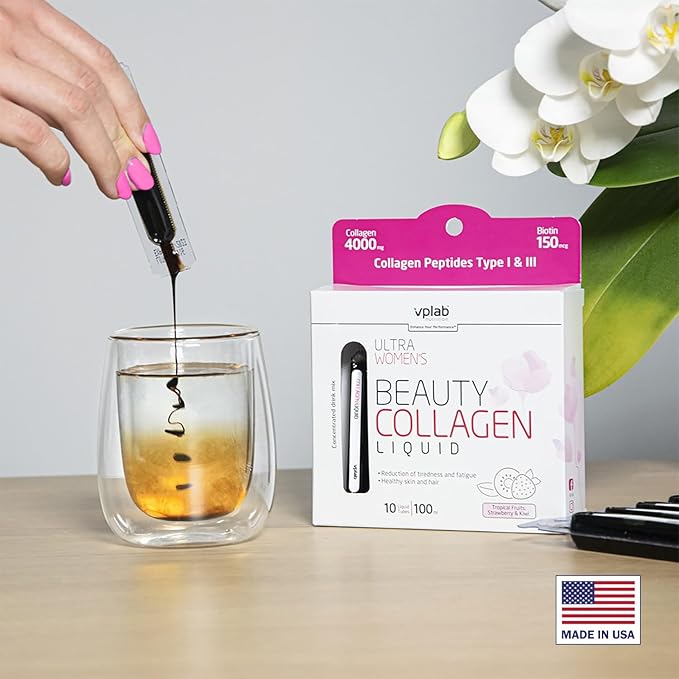VPLab Ultra Women's Beauty Liquid Collagen - Biotin-Infused Multivitamin Complex with Peptides Type I & III Supplement for Skin, Hair & Nails - Drink Mix for Women Packed with Vitamin B Group,10