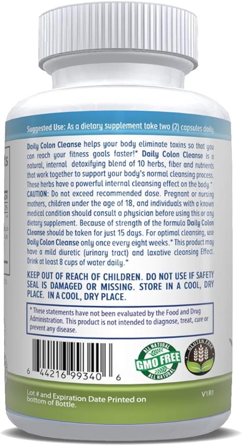 Daily Colon Cleanse 700mg All Natural Formula 10 Herbs, Fiber, Alfalfa, Aloe Vera, Rhubarb, Gentian, Buckthorn, Goldenseal, Lactobacillus acidophilus 60 Vegetable Capsules (Two 15 Day Cleansing Kits)