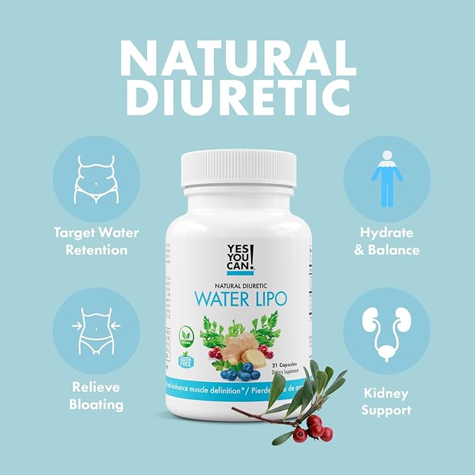 Yes You Can! Natural Water Lipo Pills - Diuretic Cleanse with Electrolytes & Vitamins - Helps with Water Retention - Gluten-Free, 21 Capsules Per Bottle