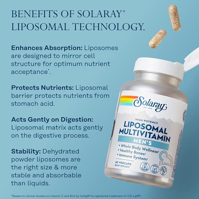 SOLARAY Liposomal Multivitamin for Men, Enhanced Absorption Immune, Energy & Bone Support, Mens Daily Multi Vitamin, BCAA’s, Vitamin D3, C, B12, Zinc, Vegan, Soy Free, 30 Servings, 60 VegCaps