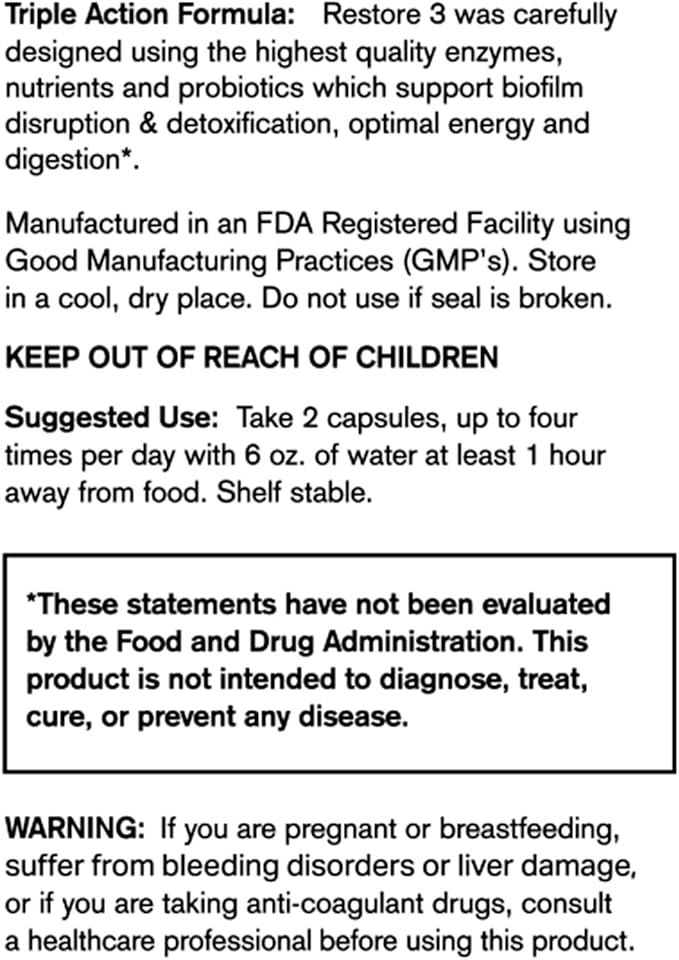 Restore 3 Proteolytic Enzyme & Spore Probiotic Blend Supplement - 180 Capsules - Advanced Biofilm Disruption Aid - Support GI Health, Fibromyalgia, Gut Flora, Muscle & Joint Support