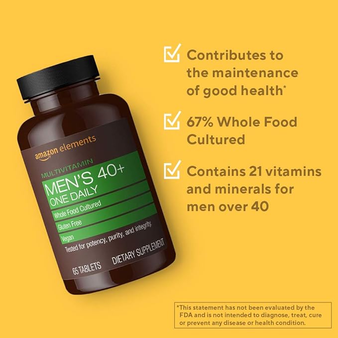 Amazon Elements Men's 40+ One Daily Multivitamin, Vegan, 65 Tablets, 2 month supply (Packaging may vary)