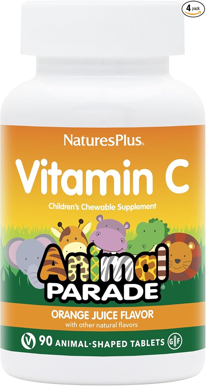 NaturesPlus Animal Parade Vitamin C Children's Chewable - Natural Orange Juice Flavor - 90 Animal-Shaped Tablets, Pack of 4 - Vegan, Vegetarian, Gluten Free - 180 Total Servings