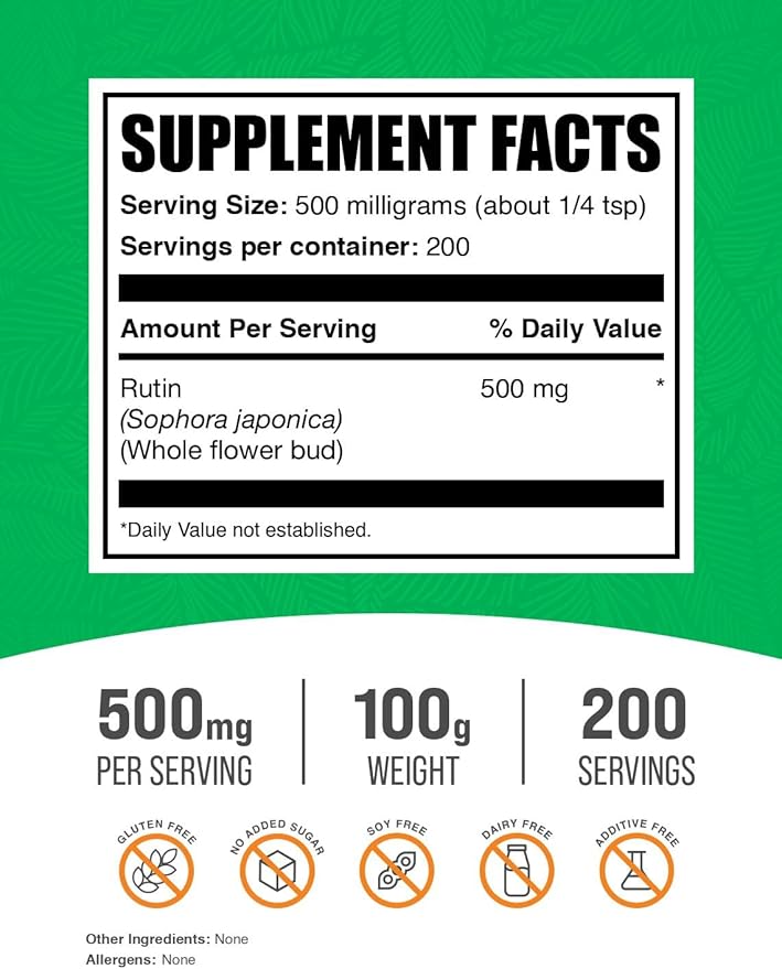 BulkSupplements.com Rutin Powder - from Sophora Japonica, Rutin Supplement, Rutin 500mg - Antioxidants Source, Soy Free, 500mg per Serving, 100g (3.5 oz) (Pack of 1)