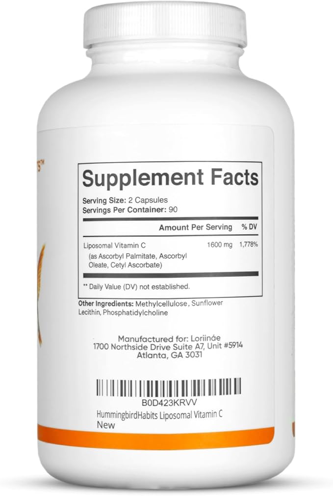 Liposomal Vitamin C 1600mg, High Absorption Vitamin C for Immune Support, Fat Soluble VIT C Antioxidant Supplement for Collagen Synthesis, Joint Support & Skin Appearance, 180 Vegan Capsules