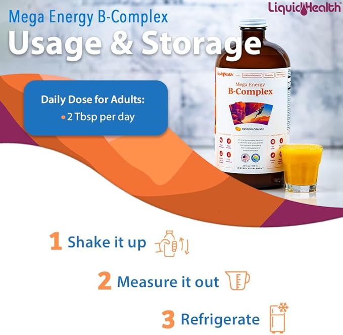 LIQUIDHEALTH Mega Energy Methylated B-Complex, Adult Liquid Vitamin Supplement - Increase Energy, Relieve Stress & Fatigue, Immune System Support, Heart & Gut Health - Vegan, Sugar-Free (32 oz)