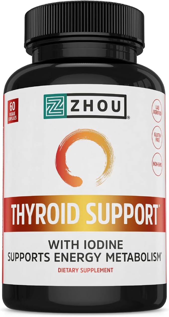 Zhou Thyroid Support Complex with Iodine Supplement, Increase Energy, Fight Brain Fog with Vitamin B12, Iodine, Magnesium, Zinc, Selenium, No Soy, Gluten-Free, 30 Servings, 60 Caps
