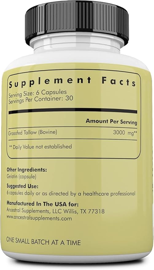 Ancestral Supplements Grass Fed Beef Tallow Capsules, 3000mg, Nourishing Kidney Fat Supplement Supports Bones, Teeth, Gums, Skin, Immune and Overall Health, Non-GMO, 180 Capsules