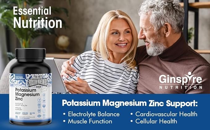 Magnesium Potassium Supplements w/Zinc - 90 Capsules - Magnesium Potassium Zinc for Vascular Health – High Absorption Vegan Potassium Magnesium Supplement for Leg Cramps & Sleep