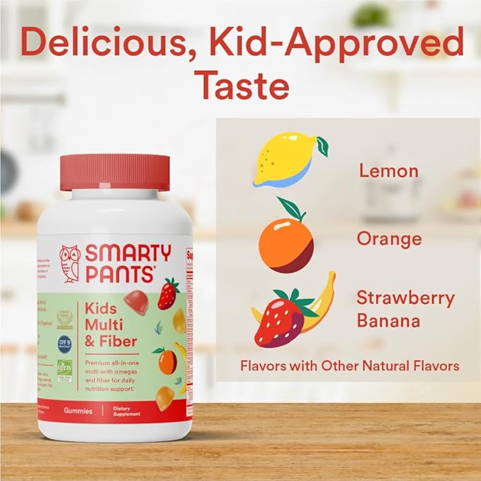 SmartyPants Kids Multivitamin Gummies and Fiber Supplement: Omega 3 Fish Oil (EPA/DHA), Vitamin D3, C, Vitamin B12, B6, Vitamin A, Zinc, Fiber Gummies, Three Fruit Flavors, 120 Count (30 Day Supply)