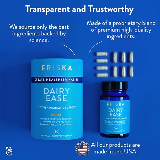 FRISKA Dairy Ease | Digestive Enzymes and Probiotics Supplement | Promotes Better Digestion | Natural Lactose Intolerance Relief & Support | 30 Capsules