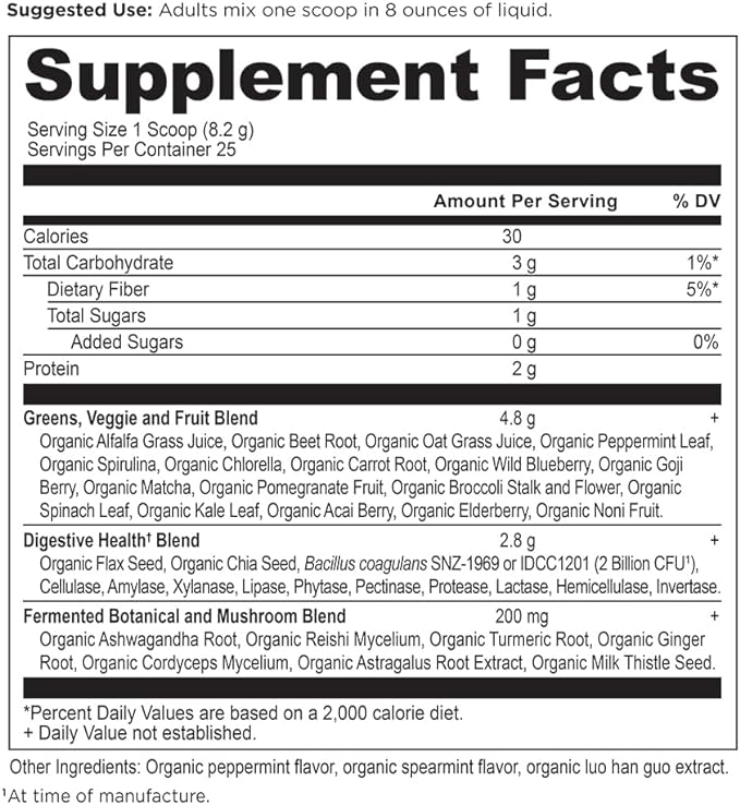 Ancient Nutrition SuperGreens Powder with Probiotics, Organic Peppermint Flavor Greens, Made from Real Fruits, Vegetables and Herbs, Digestive and Energy Support, 25 Servings, 7.23oz
