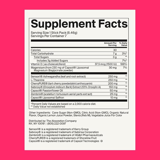 Calm Drink Mix - Relaxation Aid with Magnesium, Ashwagandha, L-Theanine, & Vitamin D - Supports Cortisol Regulation and Mood for Men & Women - Watermelon Lemonade Flavor 28 Sticks