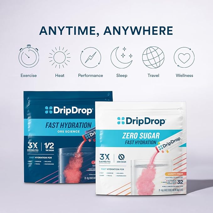 DripDrop Hydration - Zero Sugar Watermelon - Electrolyte Drink Mix Single Serve Hydration Powder Packets | Non-GMO, Gluten Free, Vegan | 32 Sticks
