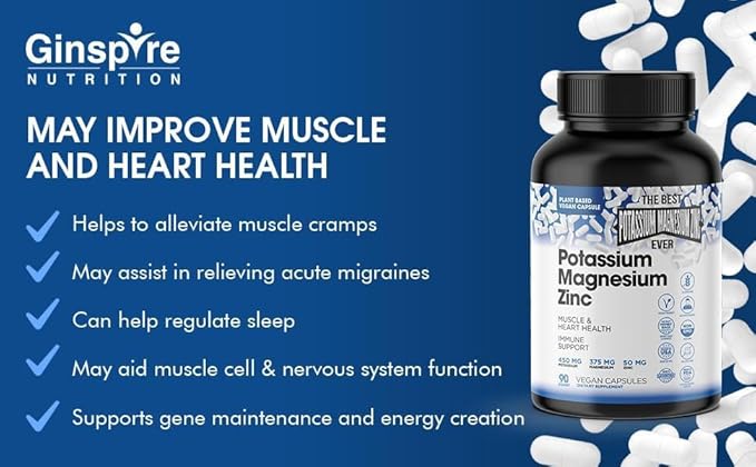 Magnesium Potassium Supplements w/Zinc - 90 Capsules - Magnesium Potassium Zinc for Vascular Health – High Absorption Vegan Potassium Magnesium Supplement for Leg Cramps & Sleep