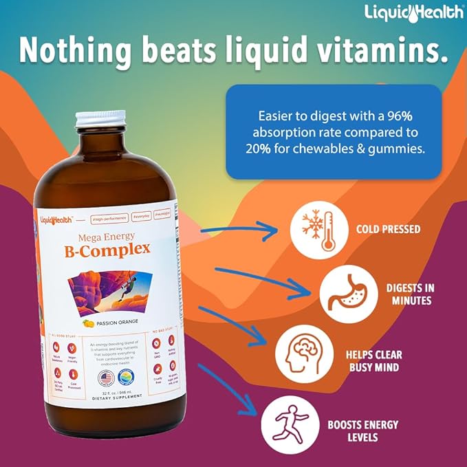 LIQUIDHEALTH Mega Energy Methylated B-Complex, Adult Liquid Vitamin Supplement - Increase Energy, Relieve Stress & Fatigue, Immune System Support, Heart & Gut Health - Vegan, Sugar-Free (32 oz)