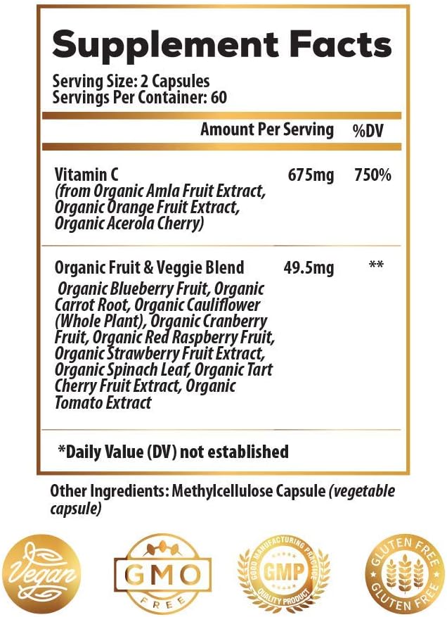 Ideal Infusion Raw Whole Food Vitamin C Complex: Natural Vitamin C Extracted from Organic Oranges and Acerola Cherries with Food Based Bioflavanoids (60 Servings) No Synthetic Ascorbic Acid