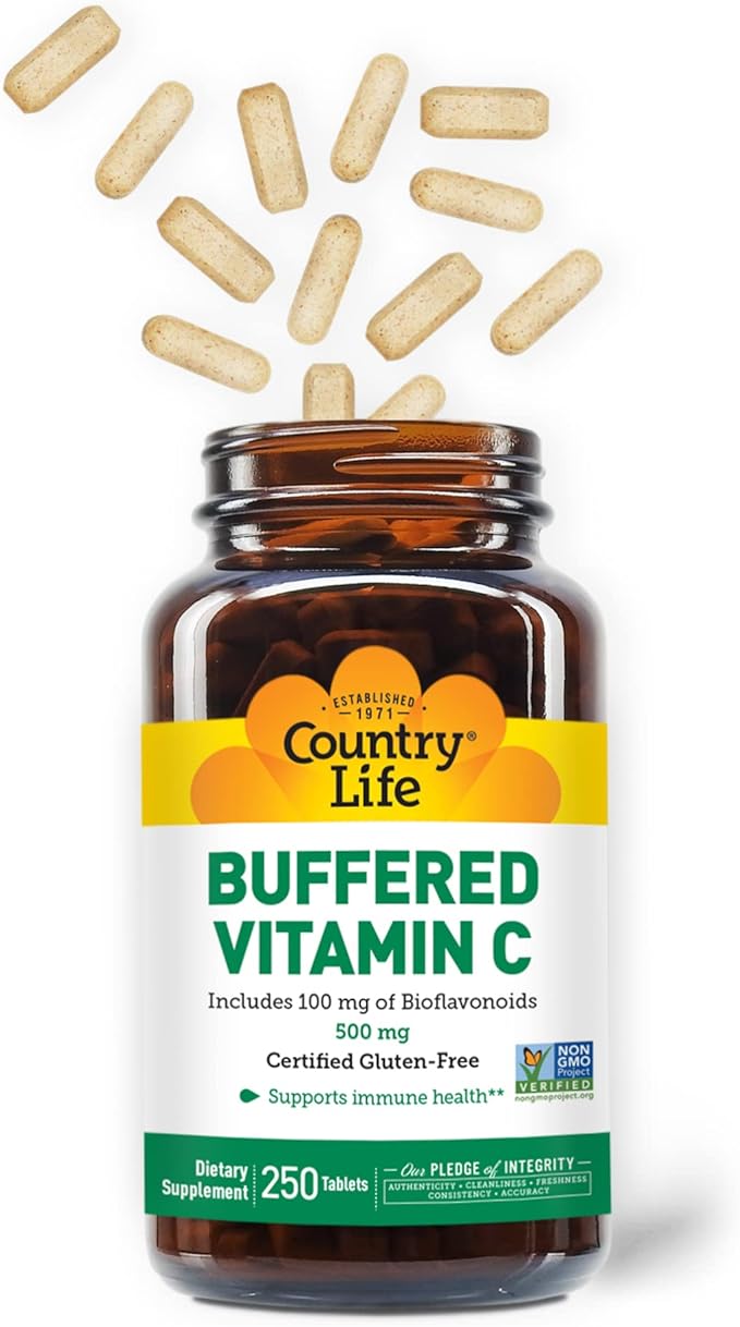 Country Life Vitamin C Buffered with Bioflavonoids, 500mg, 250 Tablets, Certified Gluten Free, Certified Vegan