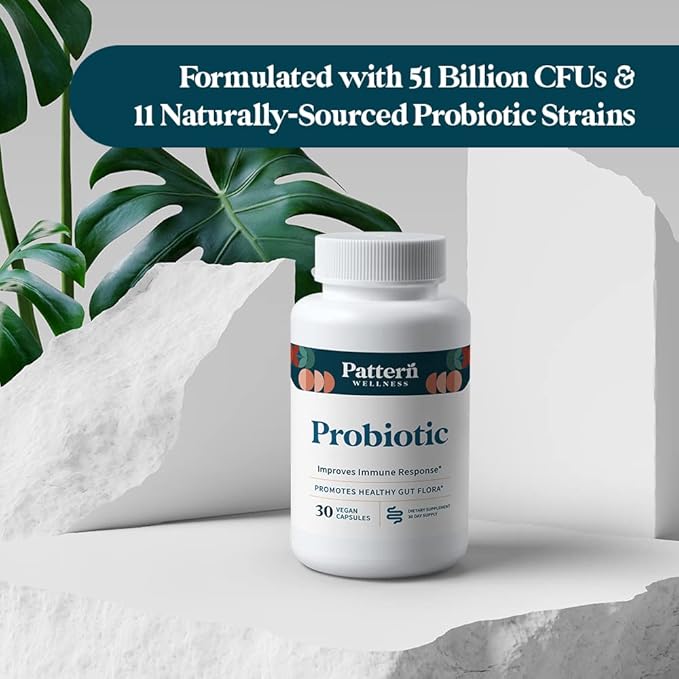 Pattern Wellness Probiotic Supplement - 51 Billion CFU - Promotes Healthy Gut Flora - Maintains Digestive Balance & Boosts Immune Health - All Natural, Non-GMO - 30 Vegan Capsules