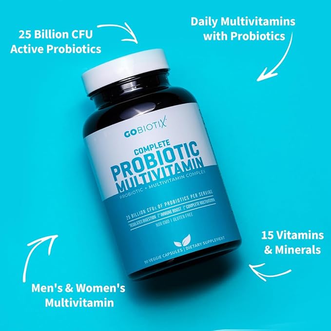 GOBIOTIX Probiotic Multivitamin Supplement - Daily Multivitamins with Probiotics - 25 Billion CFU - Boost Immunity and Digestive Health, Probiotics for Women and Men - Gluten Free Pills - 90 Capsules