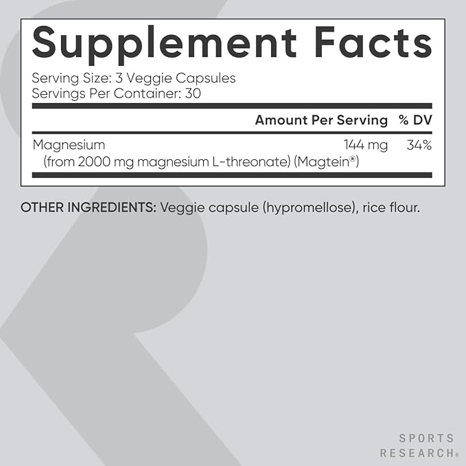 Sports Research Magtein Magnesium L-Threonate Capsules - Magnesium Supplement for Memory, Focus & Cognition - Magnesium L Threonate Supports Brain Health, Sleep & Mood - 2000mg, 90 Capsules for Adults