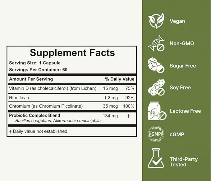 Akkermansia Probiotic for Healthy Weight - Naturally Increases GLP-1-120 Day Supply - Contains Bacillus Coagulans, Vitamins B2, D3 & Chromium - SIBO Friendly, Vegan & Gluten Free