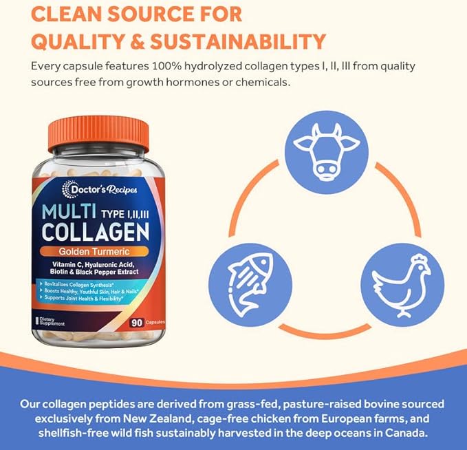 Doctor's Recipes Multi Collagen Peptides with Golden Turmeric, Vitamin C, Biotin, Hyaluronic Acid & Black Pepper, Collagen Supplements for Skin, Hair, Nail & Joint, Collagen for Women and Men, 90 Caps