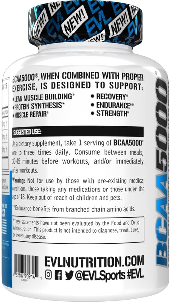 BCAAs Amino Acids Supplement for Men - EVL 2:1:1 5g BCAA Capsules for Post Workout Recovery and Lean Muscle Builder for Men - BCAA5000 Branched Chain Amino Acids Nutritional Supplement - 30 Servings