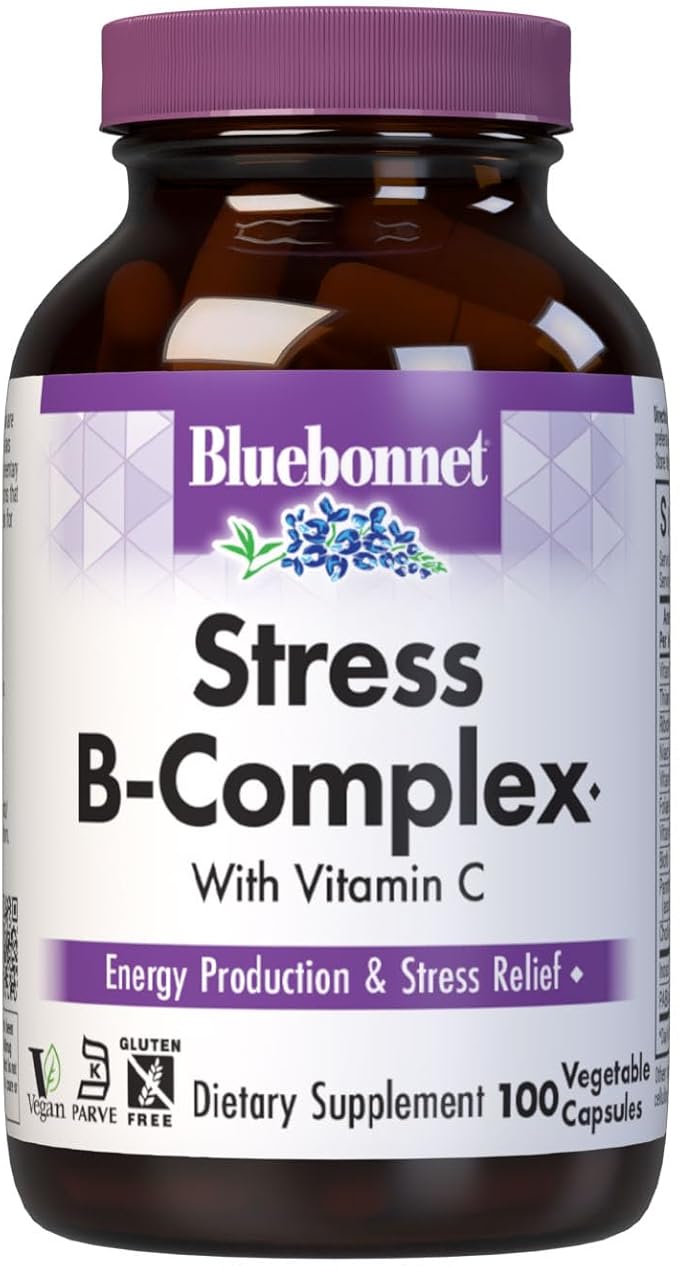 Bluebonnet Nutrition Stress Relief B Complex Vegetable Capsules, Vitamin B6, B12, Biotin, Folate, Vegan, Gluten & Soy & Milk Free, Kosher, Unflavored, 100 Count