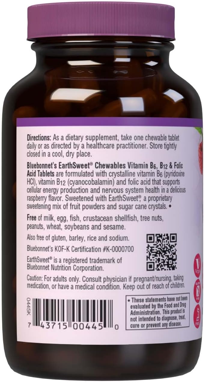 Bluebonnet Nutrition Earth Sweet Vitamin B6, B12, Plus Folic Acid Chewable Tablets, Vegan, Vegetarian, Gluten Free, Soy Free, Milk Free, Kosher, 60 Chewable Tablets, Raspberry Flavor