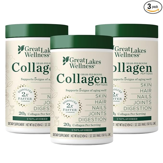 Great Lakes Wellness Collagen Peptides Powder for Skin, Hair, Nails, Joints & Digestion - Unflavored - Quick Dissolve Hydrolyzed, Non-GMO, Keto, Kosher - 16 oz - 3 Pack - Packaging May Vary