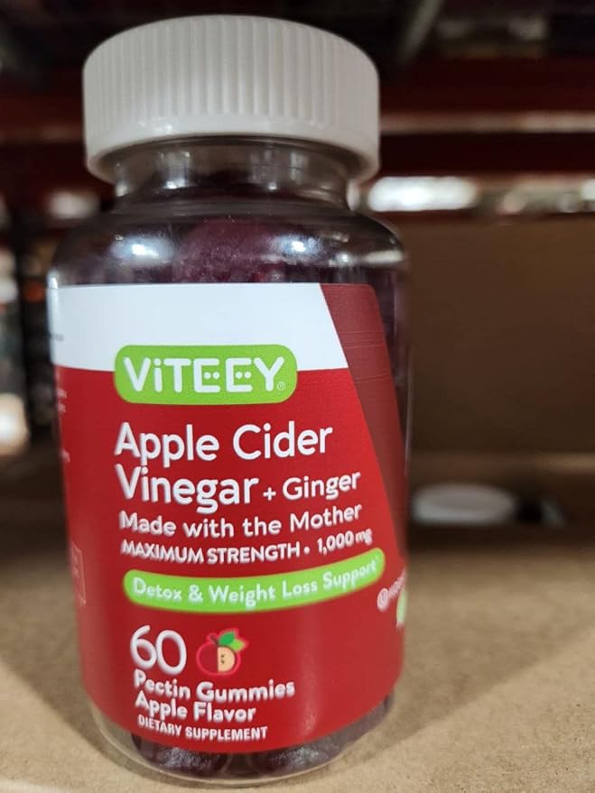 Apple Cider Vinegar Gummies 1,000mg Plus Ginger, ACV with The Mother, Detox Cleanse for Weight Loss and Immune Support, Vegan, Gluten Free, Gelatin Free, GMO Free - Chewable Apple Flavored Gummy