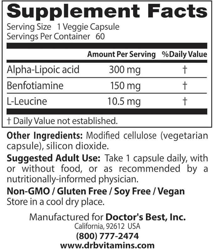 Doctor's Best Benfotiamine 150 + Alpha-Lipoic Acid 300, Non-GMO, Vegan, Gluten Free, Promotes Healthy Blood Sugar, 60 Veggie Caps