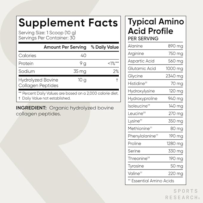 Sports Research® Organic Collagen Peptides - Hydrolyzed Type I & III Collagen Protein Powder Made Sustainably from Grass-Fed Cows - Unflavored - 30 Servings