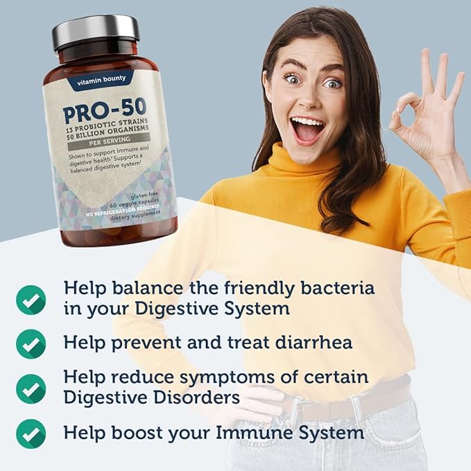 Vitamin Bounty Pro-50 Probiotic - 50 Billion Organisms and 13 Probiotic Strains That Promote Gut Health, Digestive Health Probiotic, Delayed Release Capsule with Prebiotic Greens - 60 Capsules
