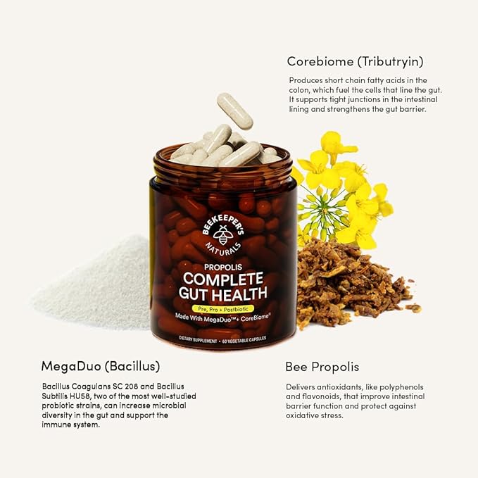 Beekeeper's Naturals Complete Gut Health, 3-in-1 Prebiotic, Postbiotic, Probiotics for Digestive Health & Bloating Relief for Women & Men, Propolis Powered, Gluten-Free Vegan Capsules, 60ct