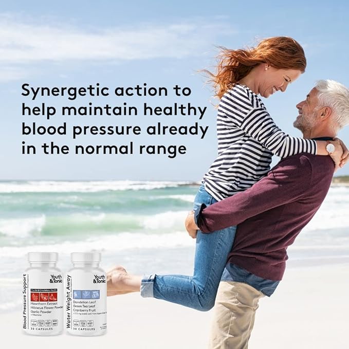 Youth & Tonic Daily Water Weight Away Pills and Blood Pressure Support Supplements/Natural Diuretics for Water Retention & BP Capsules to Maintain a Good Circulatory Health / 60 CPS for Women & Men