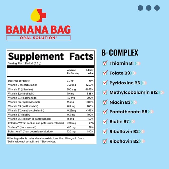 Banana Bag Oral Solution Recovery Packets - I.V. Alternative - Salted Watermelon 30pk: Pharmacist-Formulated for Fast Energy Boost, Rehydration & Wellness. Electrolytes + Vitamin C + Strong B-Complex