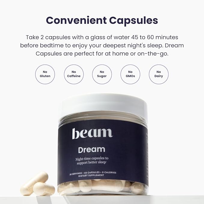 Beam Dream Sleeping Pills, Sleep Aid, Sleep Aids for Adults, Contains Magnesium, Melatonin, L Theanine, Apigenin, Natural Sleep Supplement, Vegan, Non GMO, Dairy Free, 3rd Party Tested, 30 Servings