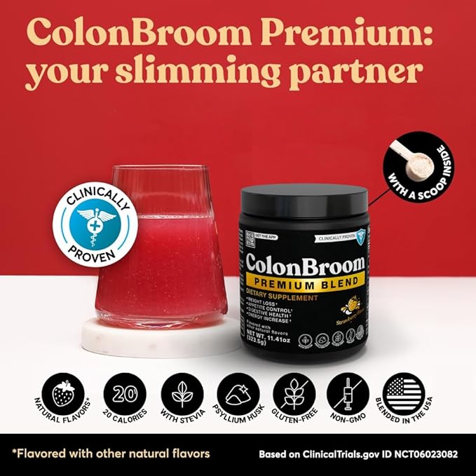 ColonBroom Premium Weight Management Supplement (Strawberry) - Colon Broom Psyllium Husk Fiber Powder Drink - Gluten Free, Non-GMO Colon Cleanse for Bloating Relief & Gut Health, 50 Servings