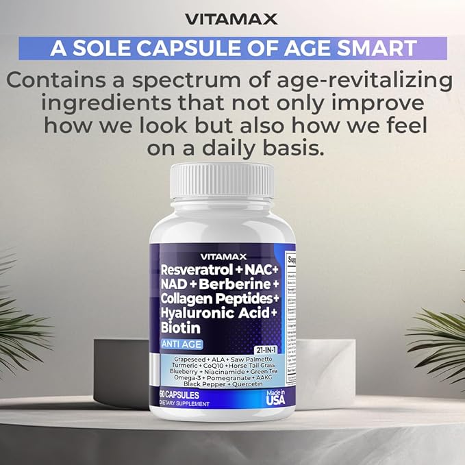 Resveratrol NAD+ Berberine Hyaluronic Acid - Biotin Grape & Blueberry + NAC - Collagen Peptides - Hair, Nail, Skin & Joint Supplement - 21-in-1 Women and Men - Made in USA - 120 Count