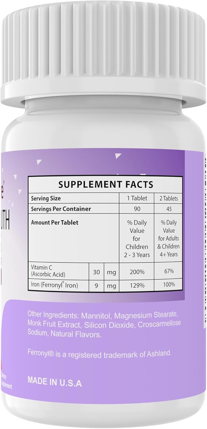 Chewable Iron Supplements for Kids (Ferronyl®/Carbonyl Iron 9 mg with Vitamin C 30 mg) Tablet in Delicious Grape Flavor | Kids Iron Supplement 90 Count (2 Bottles)