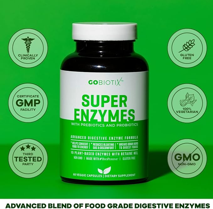 GoBiotix Digestive Enzymes Supplement with Prebiotics and Probiotics for Women and Men - Gut Health, Gluten Digestion, Lactose Absorption, Plant Based Dietary Pills - 60 Capsules